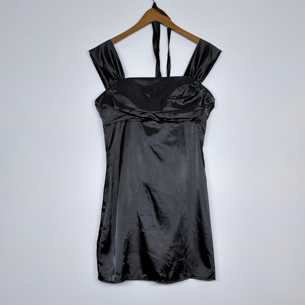 Mexry Black Satin Mini Dress Square Neck Halter Tie Size 6 NEW